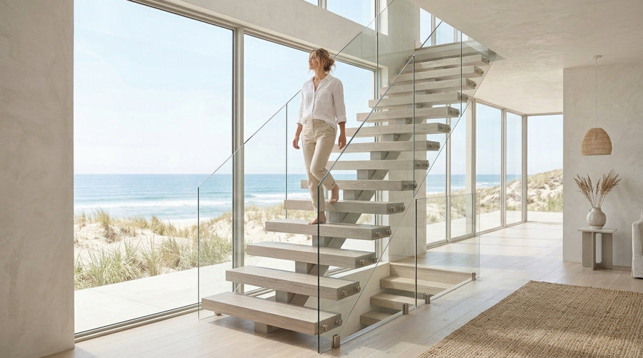 Woman walking on a contemporary floating staircase with glass railing in a light-filled beachfront modern home