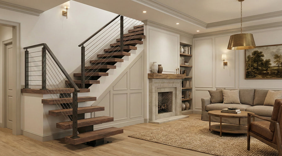 Modern open stair design with wood treads, glass railing, and slim steel support in a bright residential interior