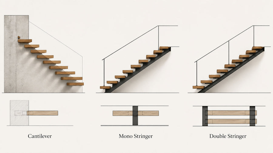 Comparison of cantilever stairs, mono stringer floating stairs, and double stringer floating stairs