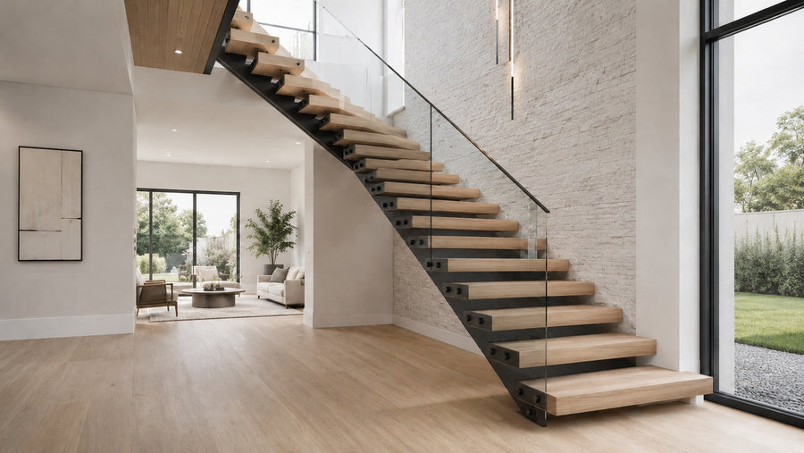 Contemporary floating stairs with white oak treads, matte black mono stringer, and glass railing in a bright high-end modern home