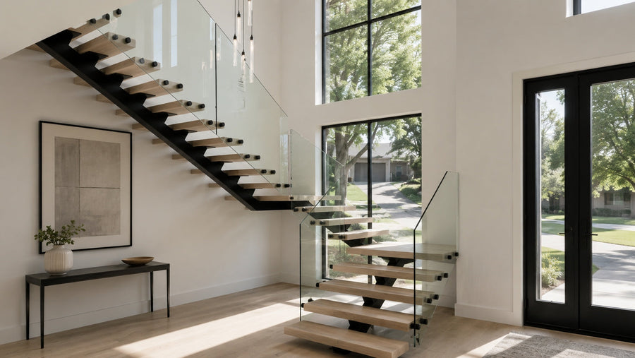 Modern floating glass staircase with white oak treads, black steel mono stringer, and clear glass railing in a bright contemporary home.