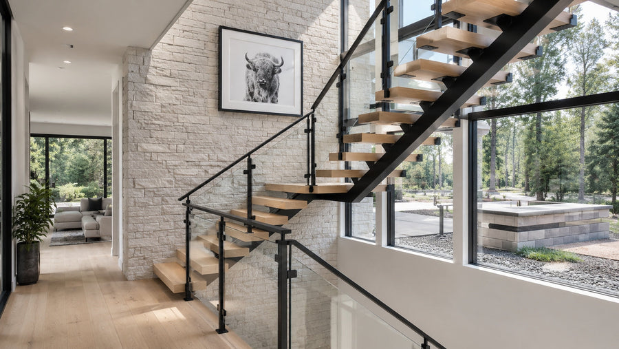 Floating metal stair kit compared with custom steel floating stairs in a modern residential interior