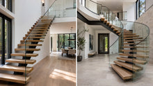 Side-by-side comparison of a floating spiral staircase and straight floating stairs with white oak treads and glass railings in modern home interiors