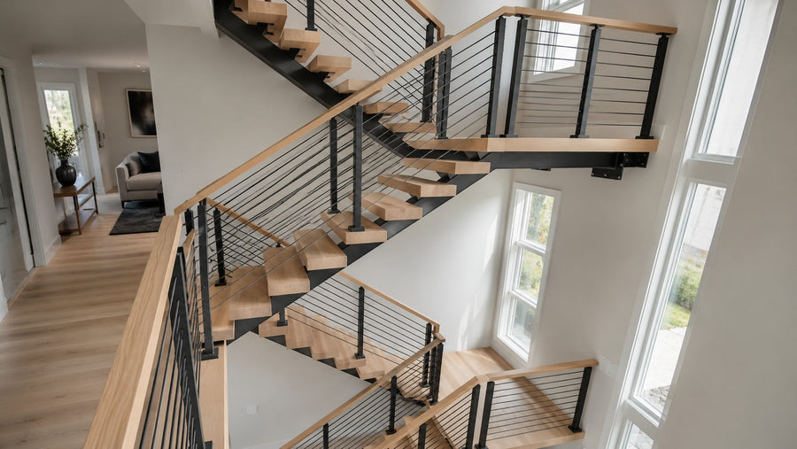 Floating stair stringer diagram showing wood treads supported by a steel center beam