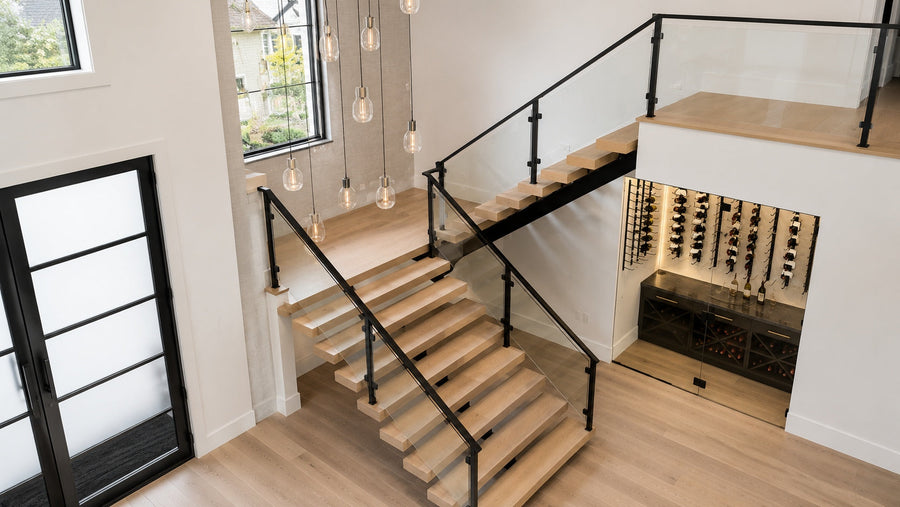 Modern floating stair treads with white oak wood, open risers, black mono stringer, and glass railing in a bright residential interior