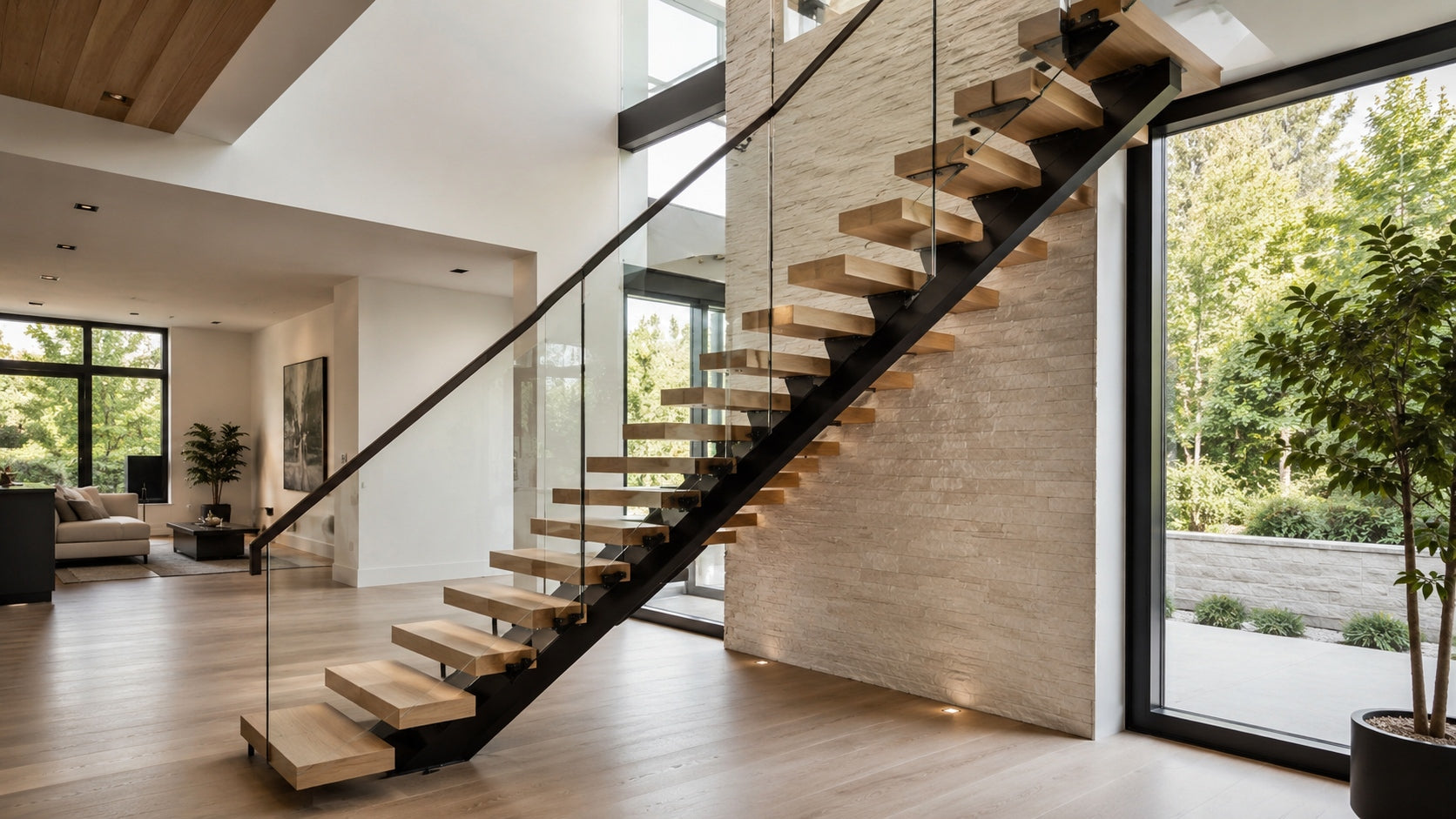 Modern floating staircase with white oak treads, black mono stringer, and glass railing in a bright residential interior for a cost planning guide.