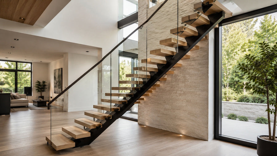 Modern floating staircase with white oak treads, black mono stringer, and glass railing in a bright residential interior for a cost planning guide.
