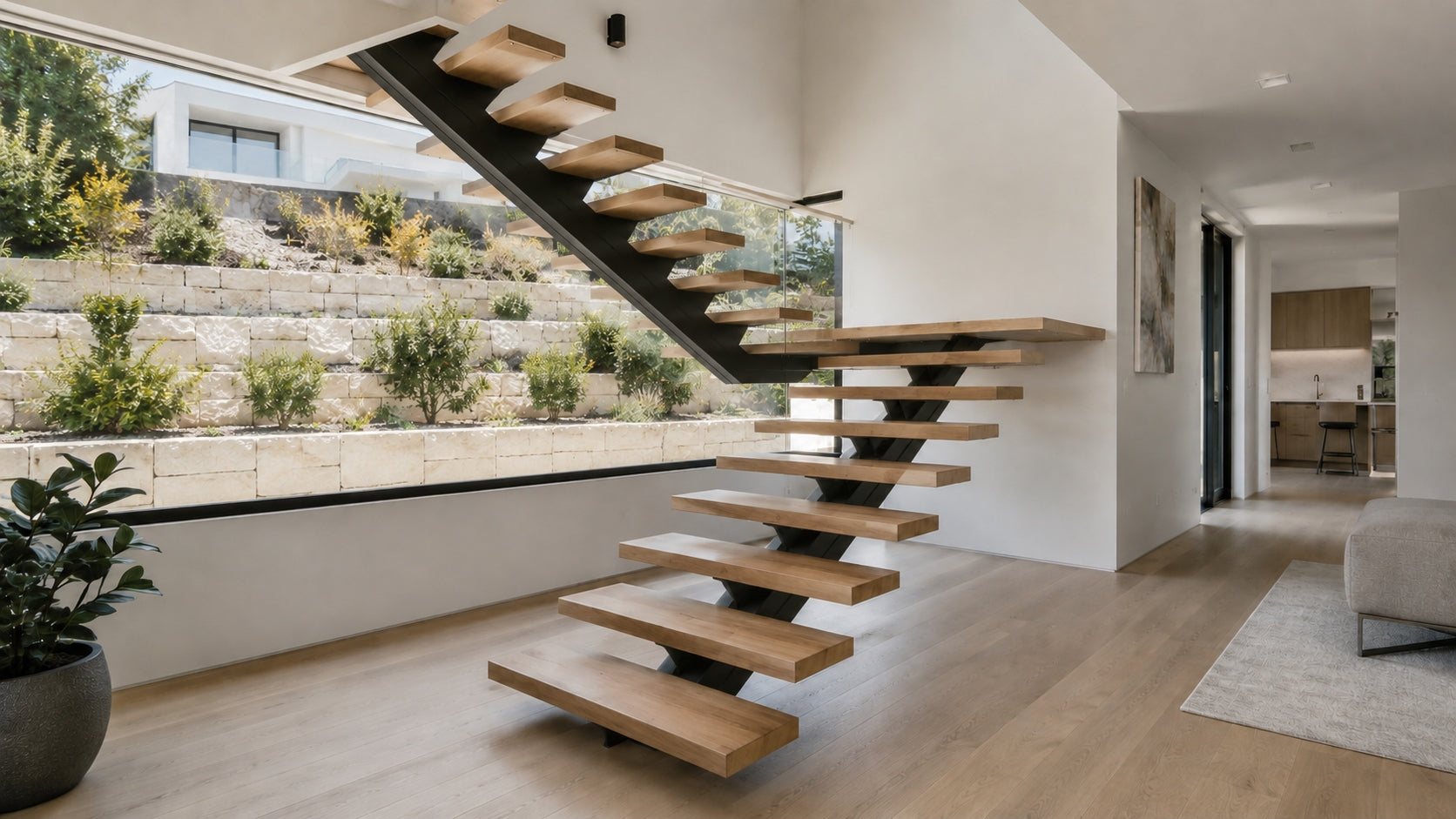 Modern floating staircase with white oak treads, matte black steel mono stringer, open risers, and glass railing in a bright North American home