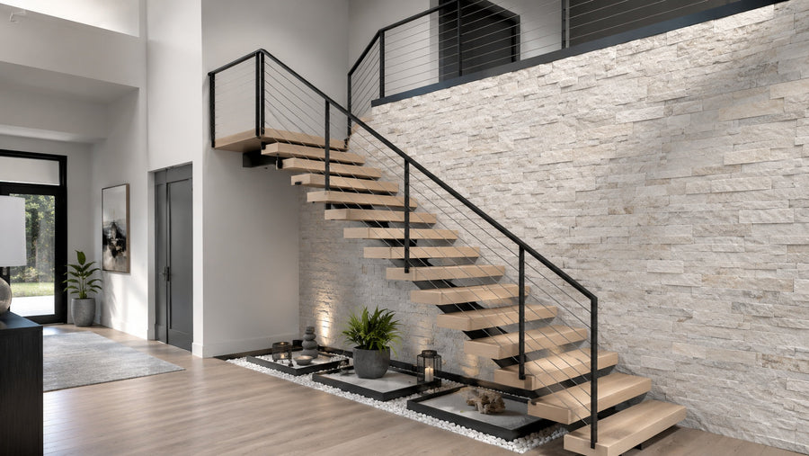 Floating staircase kit compared with custom floating stairs in a modern residential interior with wood treads, steel support, and cable railing.