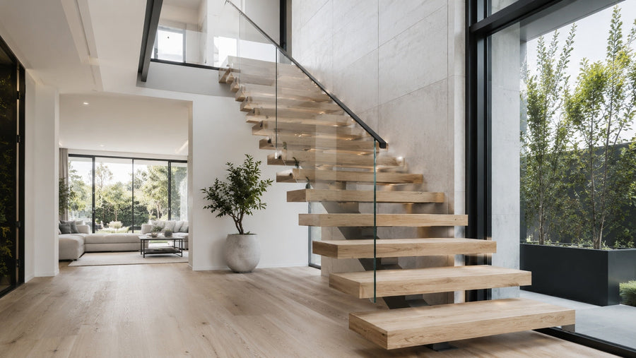Modern floating staircase with matte black mono stringer, white oak treads, open risers, and glass railing in a bright residential interior
