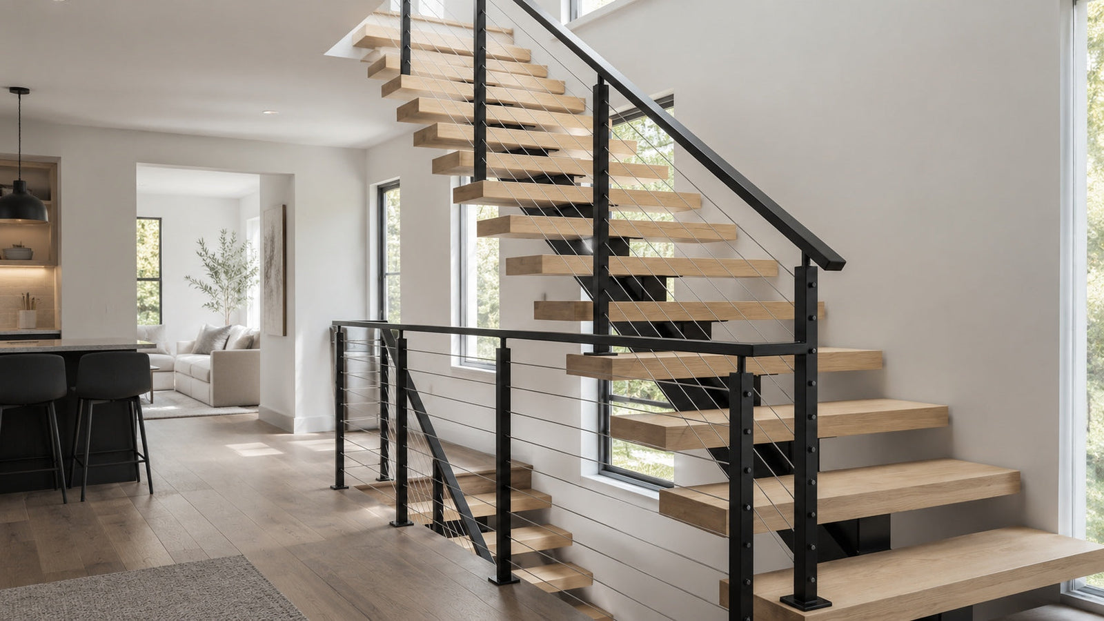 Floating stairs construction diagram showing wood treads, steel support structure, railing zone, and installation planning details for a modern stair project