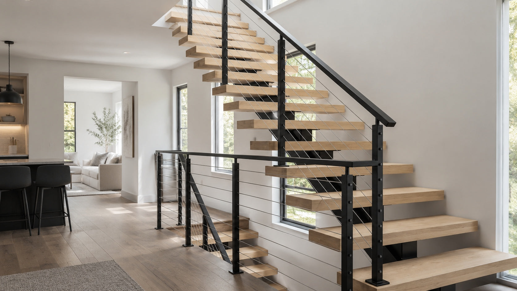 Floating stairs construction diagram showing wood treads, steel support structure, railing zone, and installation planning details for a modern stair project