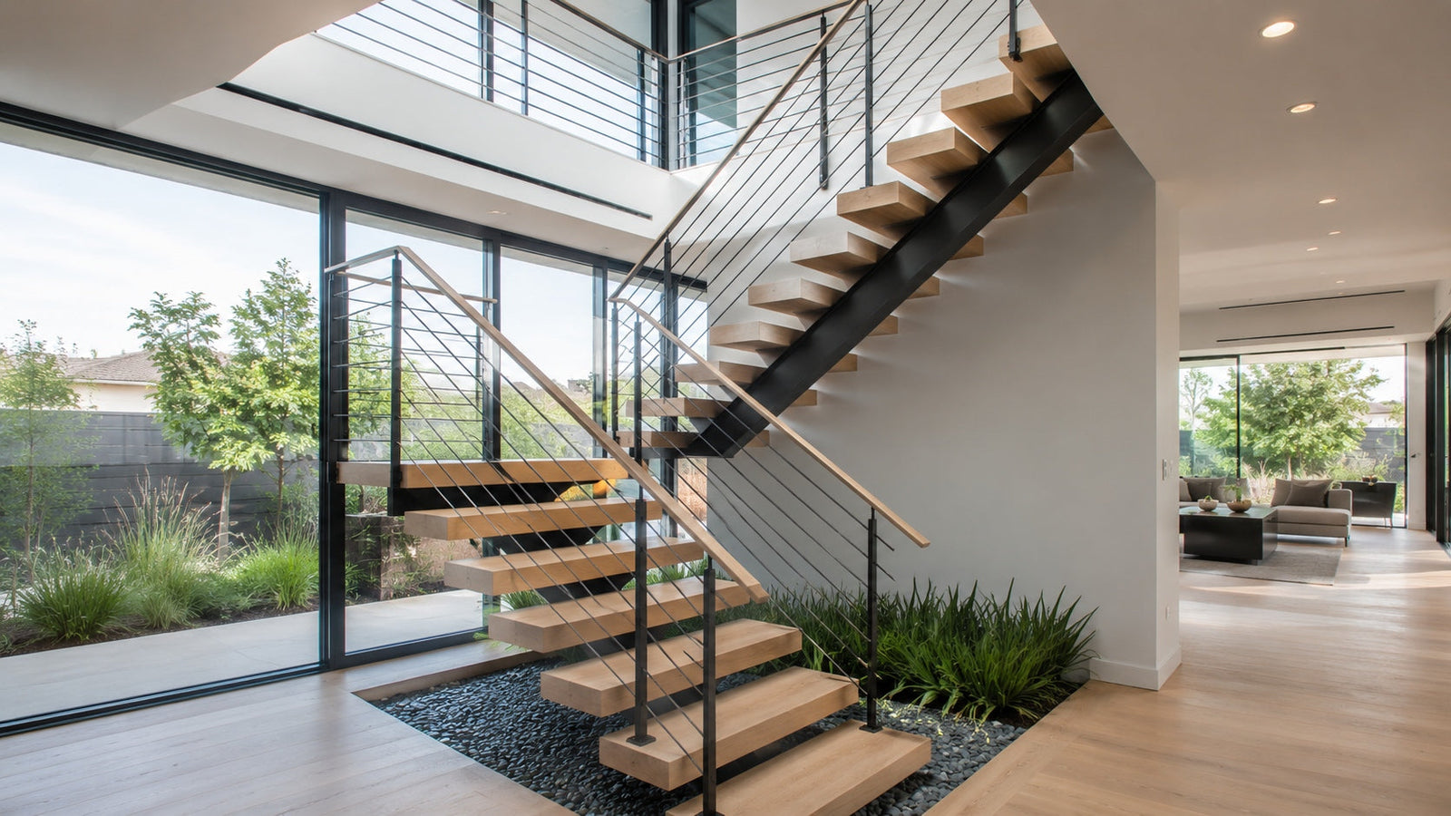 Floating stairs cost planning worksheet showing floor-to-floor height, opening dimensions, available run, stair width, railing preference, and site photos.