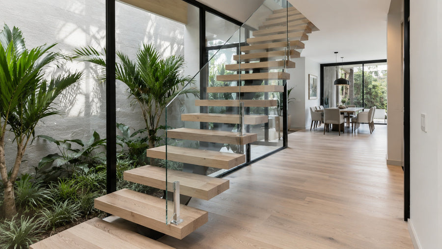 Modern floating stairs design with white oak treads, matte black mono stringer, open risers, and glass railing in a bright contemporary home.