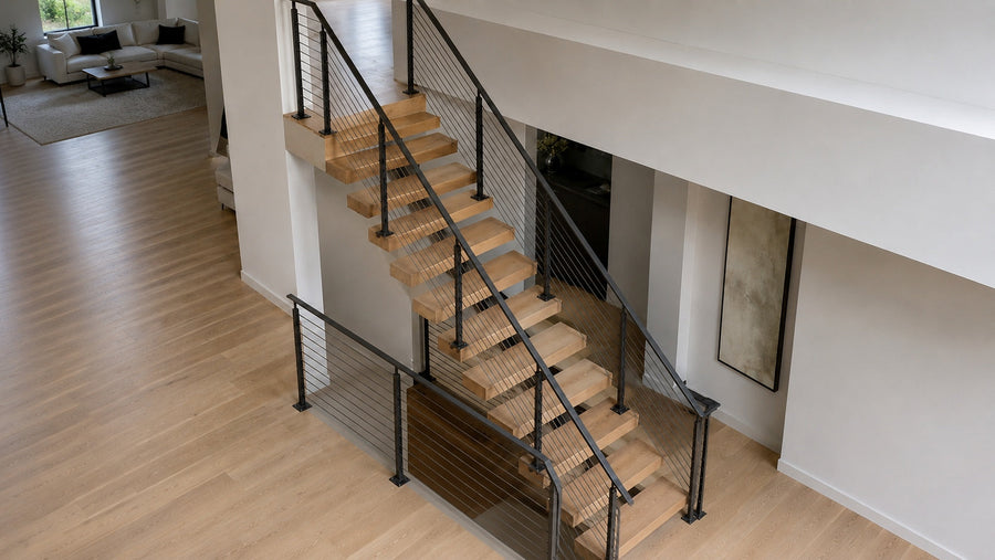 Floating stairs kit components with steel mono stringer, wood treads, mounting plates, hardware, glass railing, and cable railing samples.