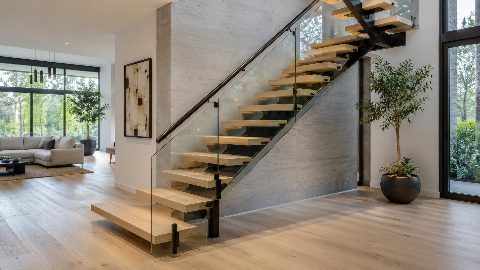 Modern floating stairs with white oak treads, black steel mono stringer, and glass railing in a bright residential interior.