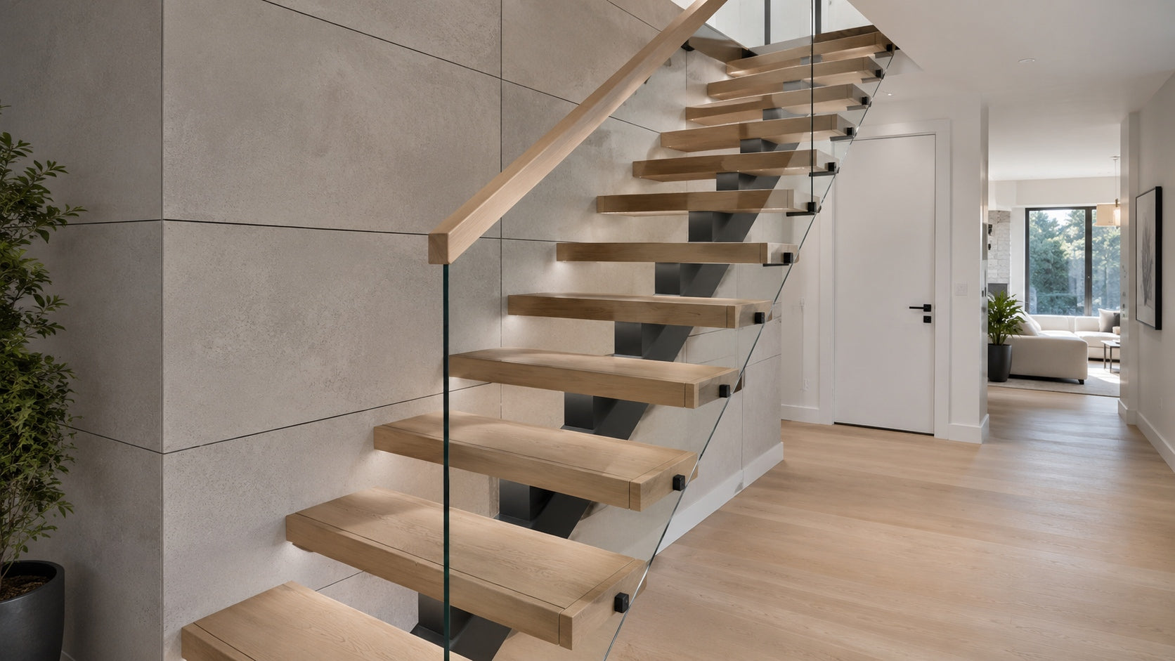 Modern floating stairs with warm white oak wood treads, matte black steel support, and clear glass railing in a refined residential interior.