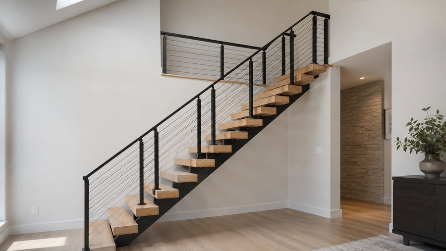 Thick white oak hardwood stair treads on a modern floating stair system with matte black steel support
