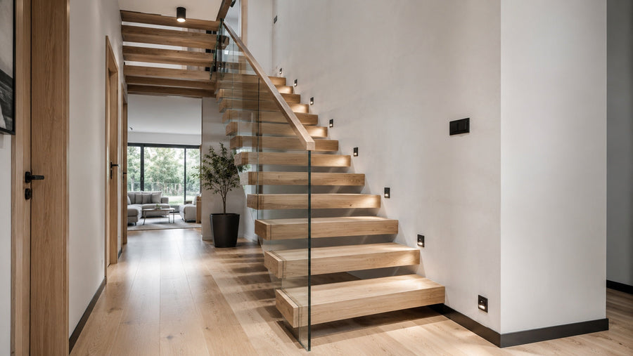 Metal floating stairs with a matte black steel mono stringer, warm wood treads, and clear glass railing in a modern residential interior