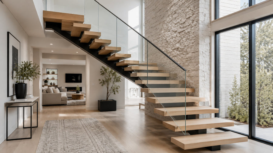 Modern floating stairs with white oak treads, black steel mono stringer, open risers, and glass railing in a bright custom home interior.