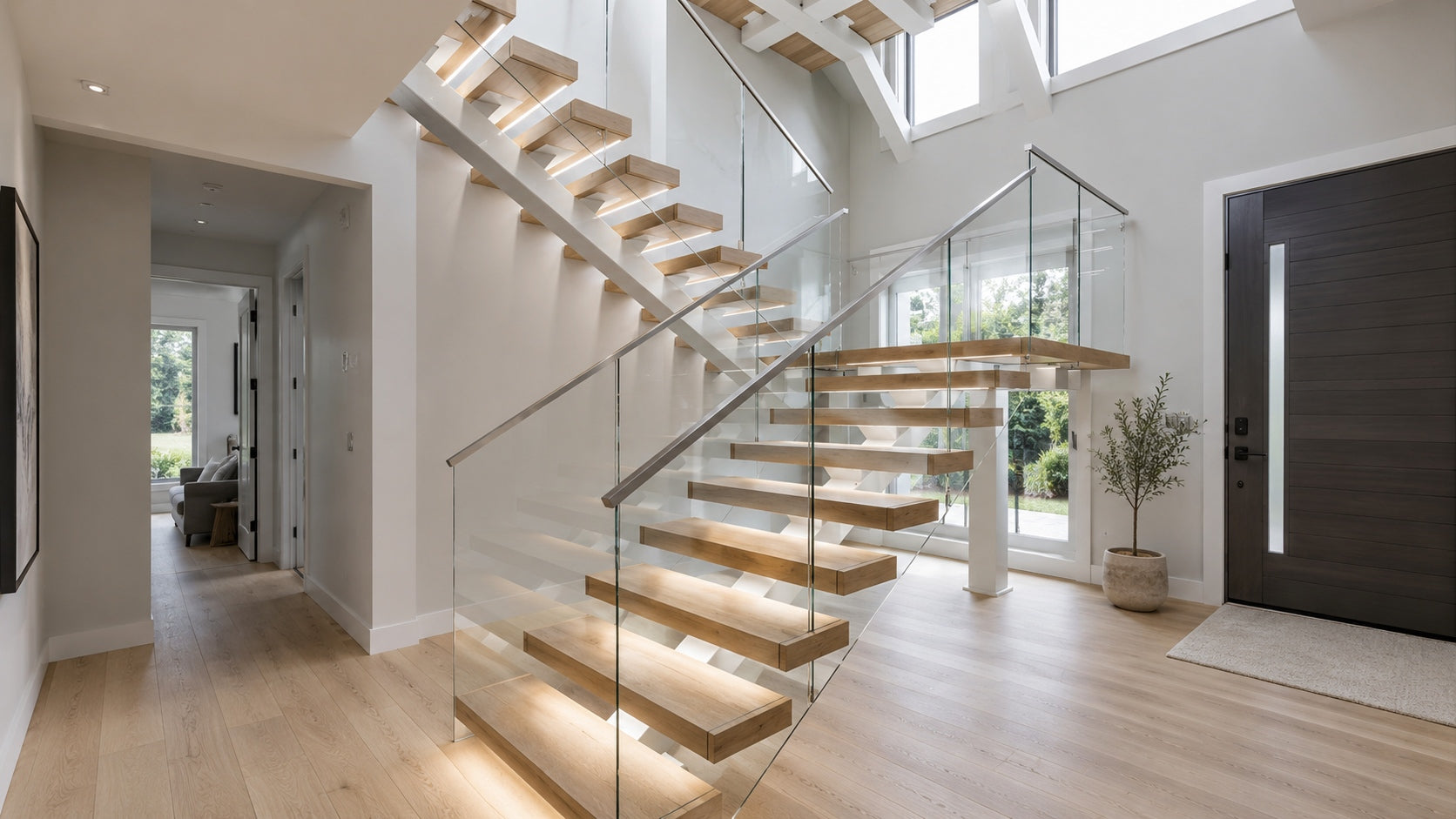 Modern floating wood stairs with white oak treads, black steel mono stringer, and glass railing in a bright contemporary home
