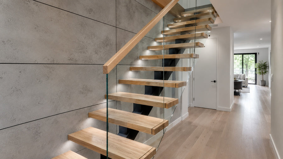 Open riser stairs and floating stairs compared in a modern residential interior