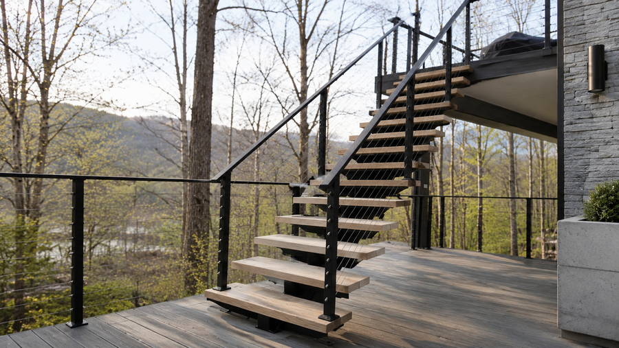 Outdoor floating stairs with white oak treads and black cable railing on a modern elevated residential deck