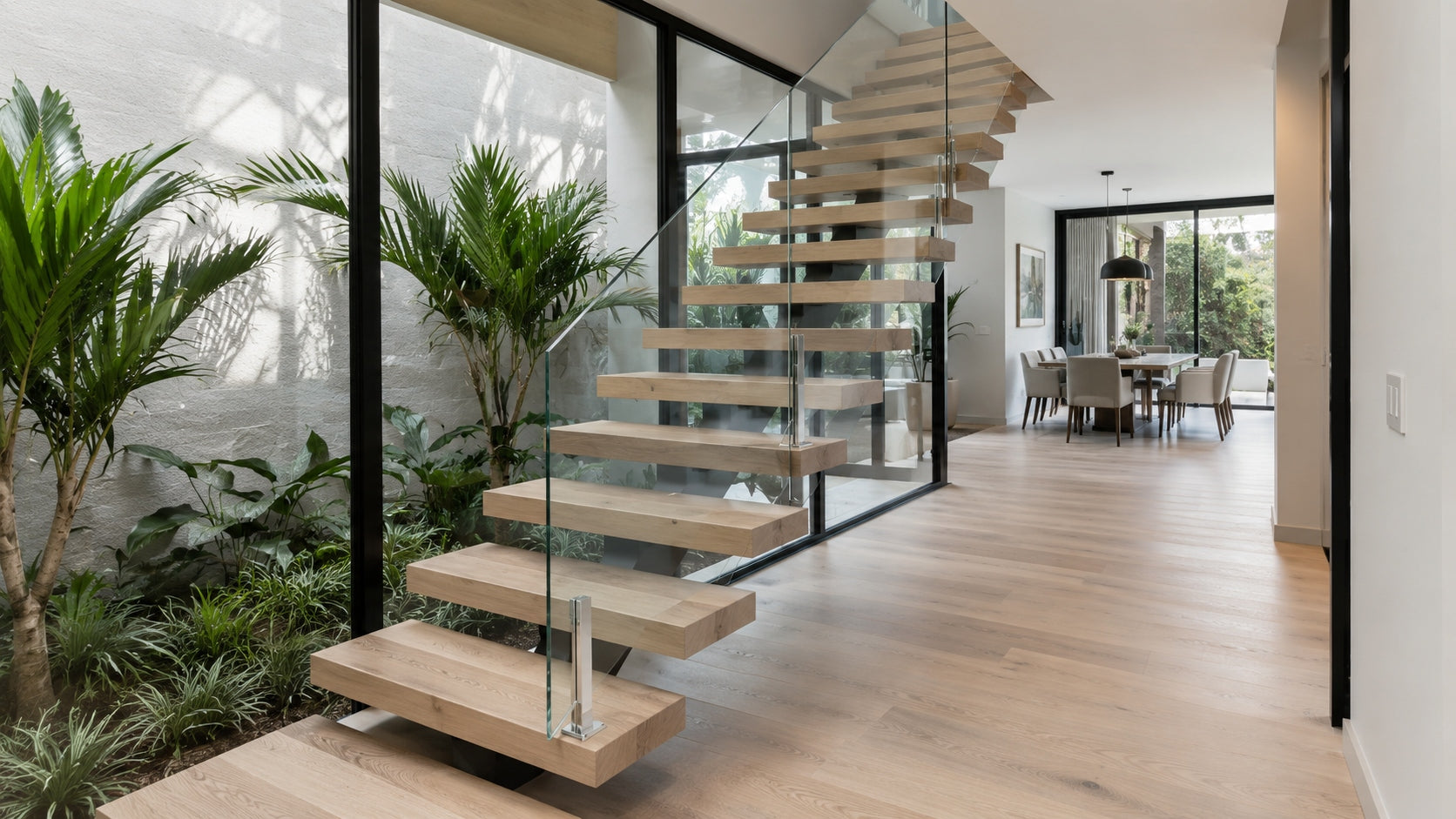 Modern floating stair with warm wood treads, matte black steel mono stringer, open risers, and glass railing in a bright residential interior