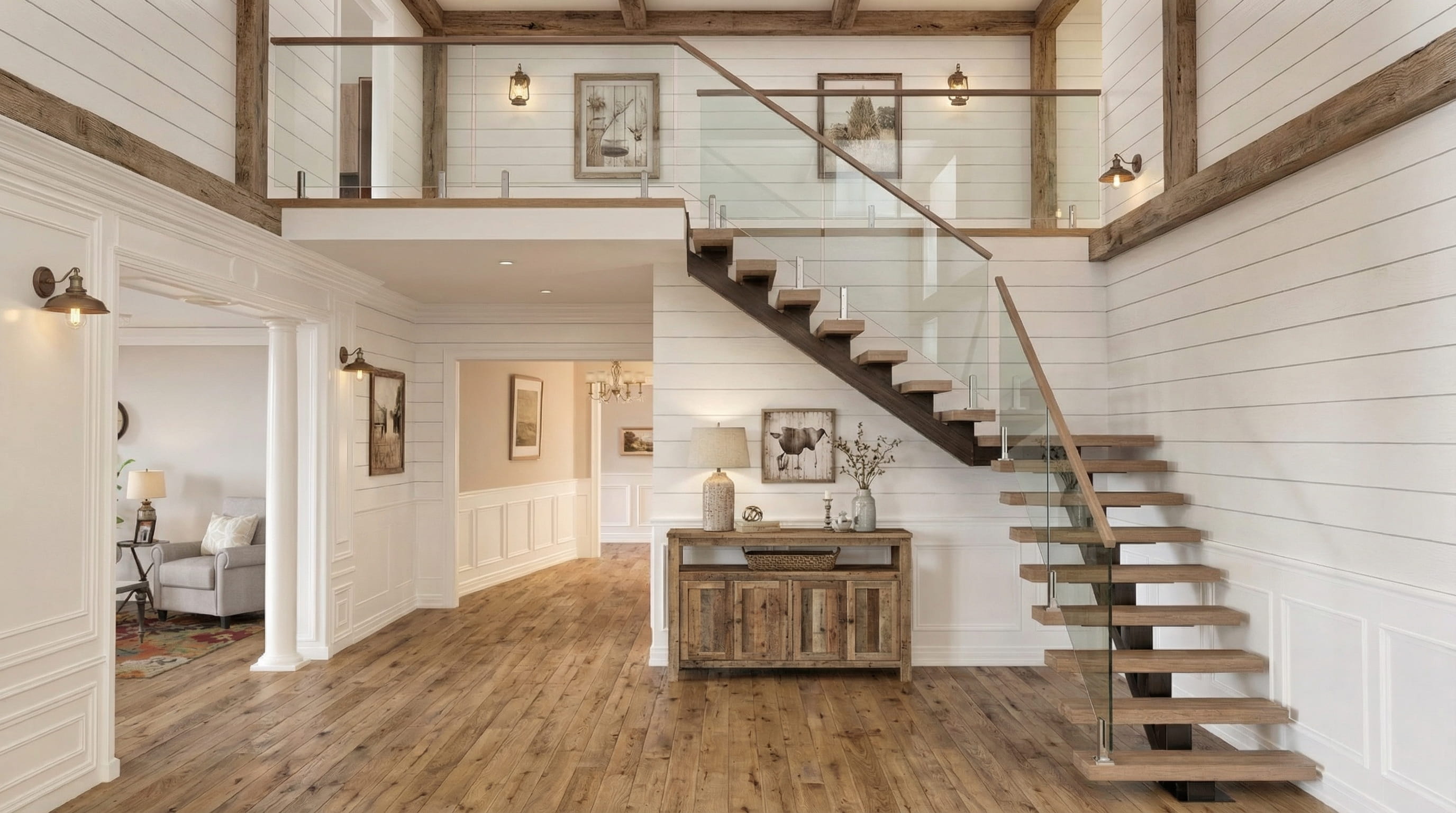 Floating stairs with solid wood treads in a modern residential interior