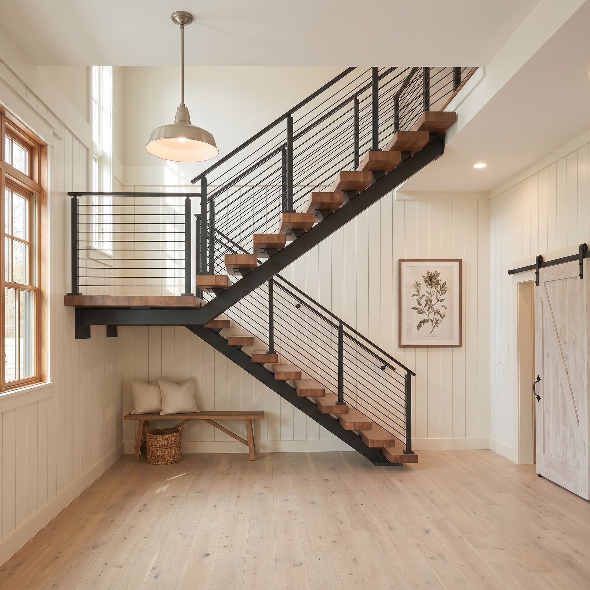 Modern floating stair system with wood treads and black cable railing in a bright residential interior