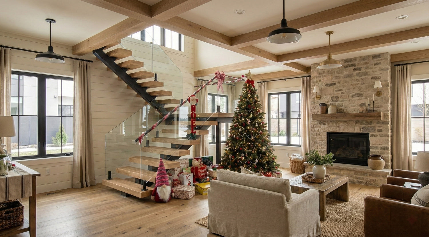 Modern floating stair system with wood treads and black cable railing in a bright residential interior