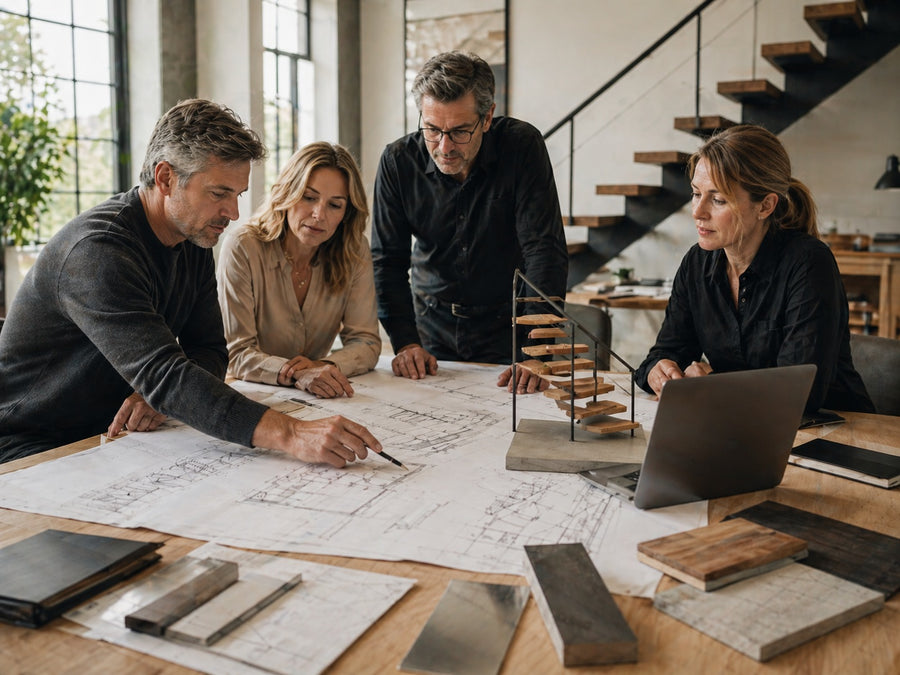 Engineers and designers reviewing custom stair plans with material samples and a stair model
