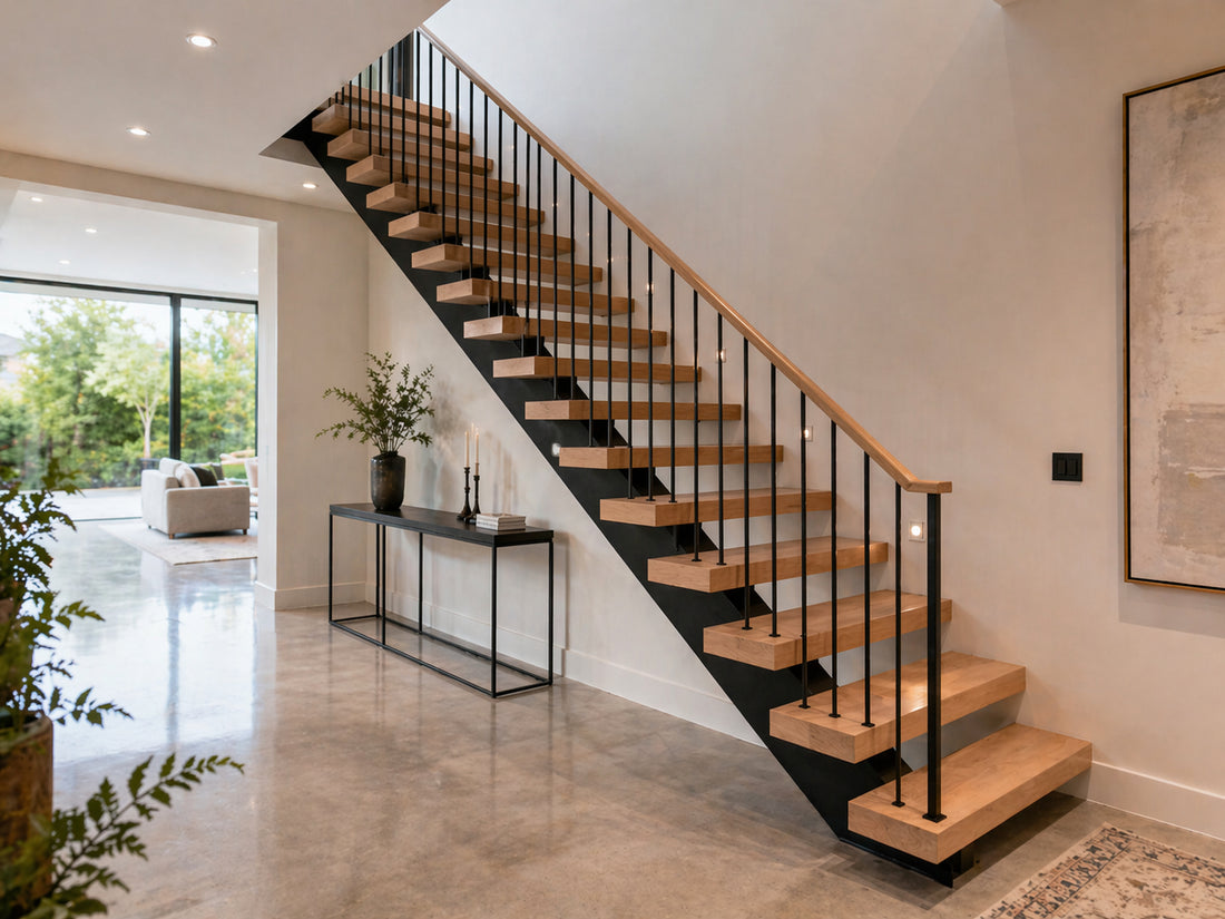 Modern floating stair system with wood treads and black steel structure in a residential interior