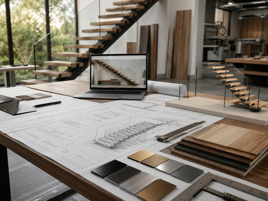 Design team reviewing stair drawings, material samples, and a floating stair model