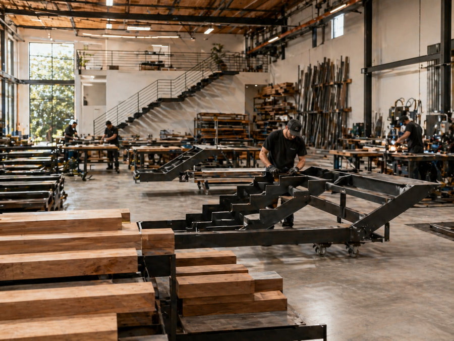 Stair manufacturing facility with steel stair structures and wood treads in production