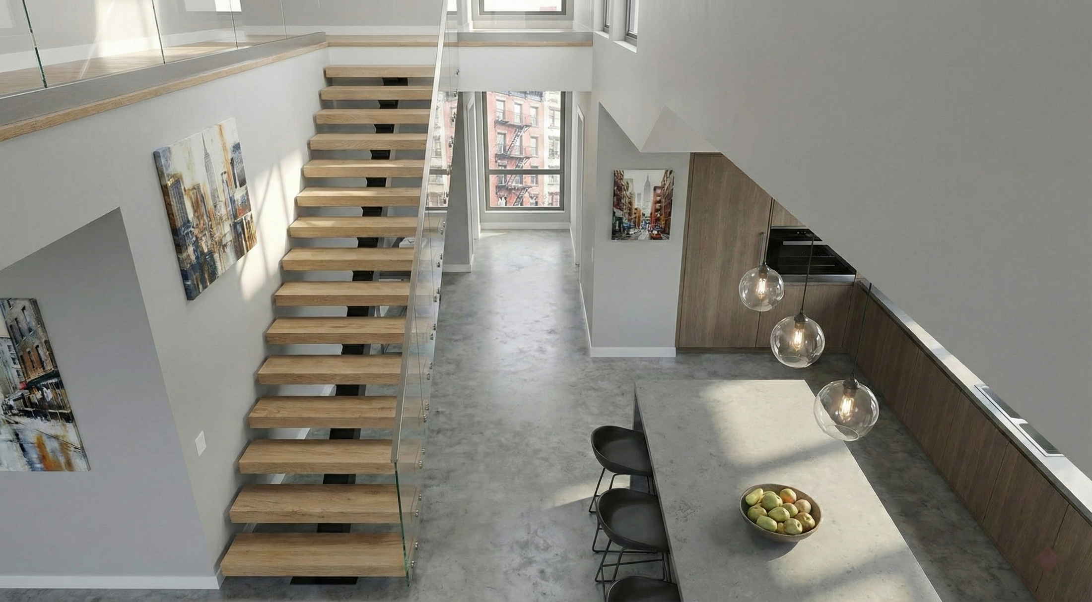 Alternate view of a custom floating staircase project