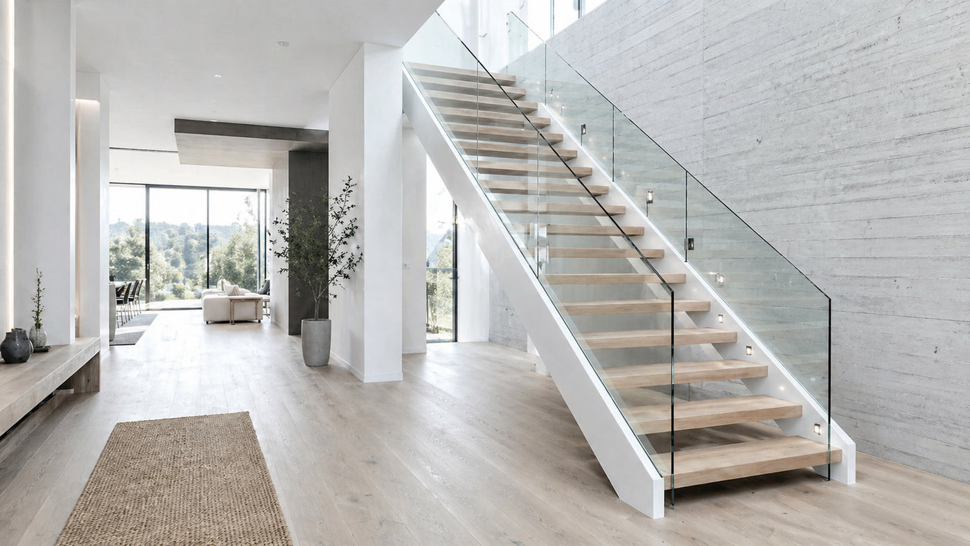Complete custom floating stair system with wood treads, steel support, railing, and project-specific planning.