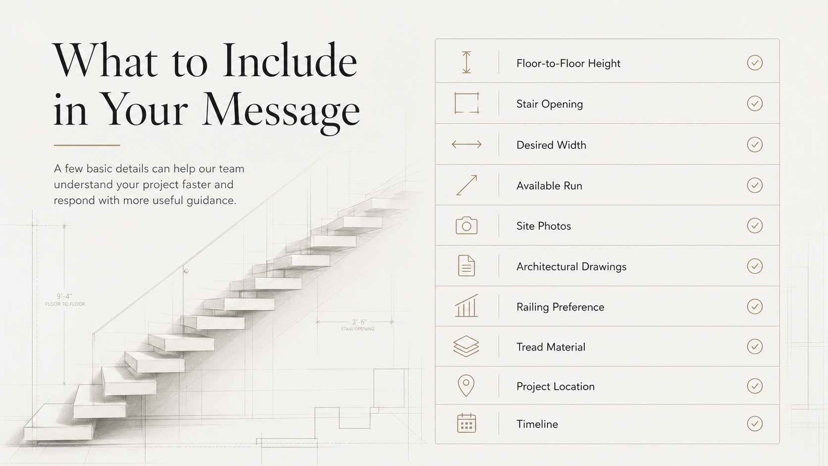 Checklist of helpful information to include when contacting Elevated Stairs