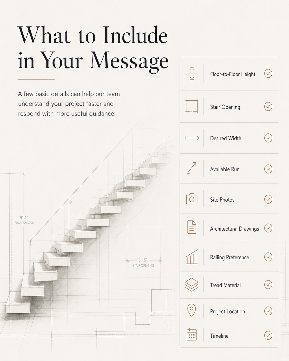 Checklist of helpful information to include when contacting Elevated Stairs