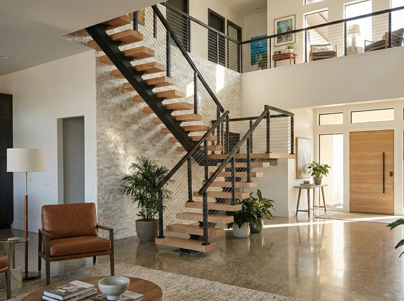 Custom floating stair system with wood treads and black cable railing in a modern residential interior