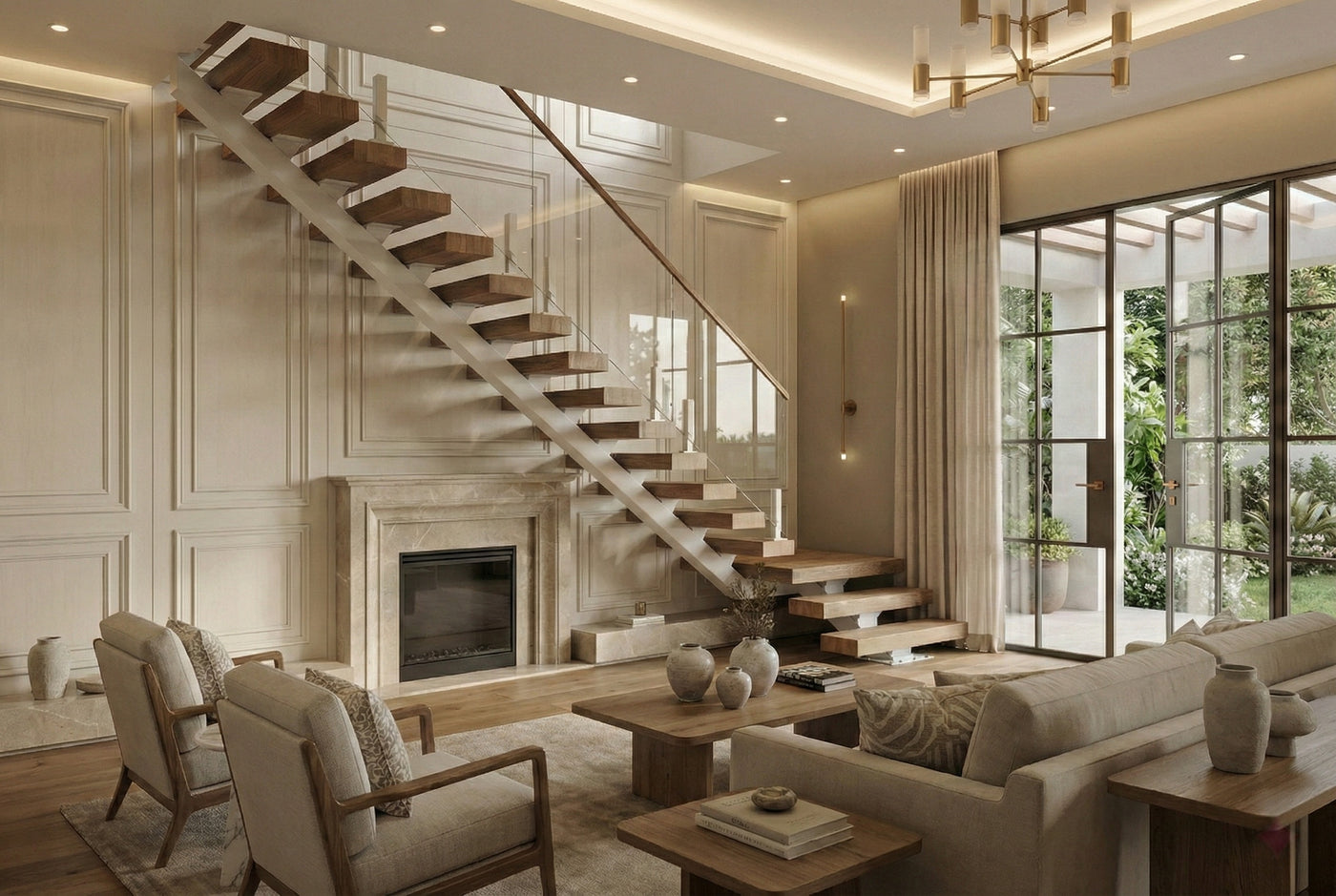 Custom floating staircase with glass railing and wood treads in a luxury living room