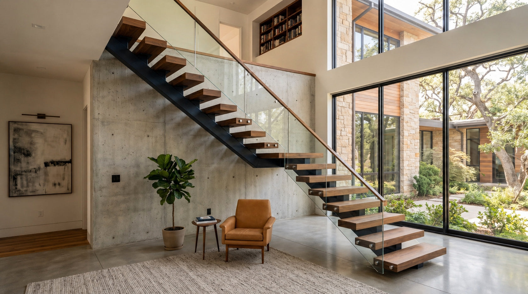 Custom floating staircase with glass railing and wood treads in a modern residential interior