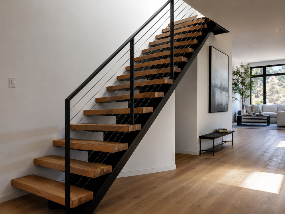 Custom floating stairs with cable railing, warm wood treads, and black steel support in a modern home.