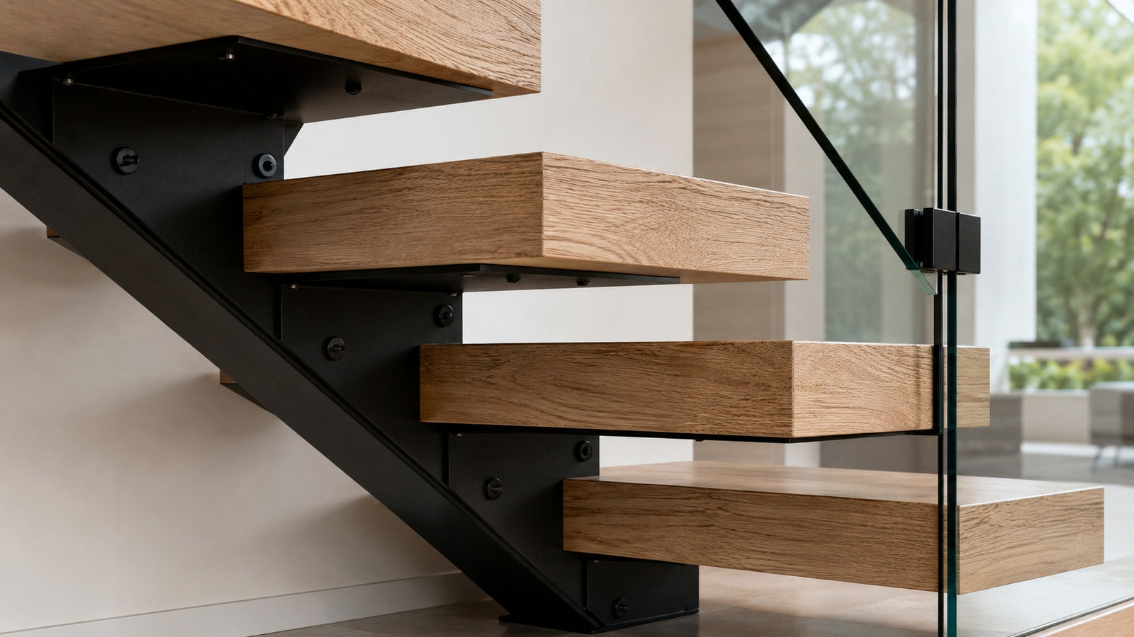 Custom floating stairs with wood treads, black steel support, and glass railing in a bright modern residential interior.