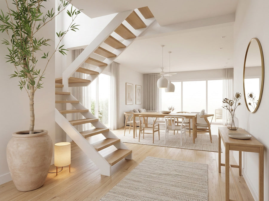 Double stringer floating stairs with wood treads and two steel supports in a modern residential interior.