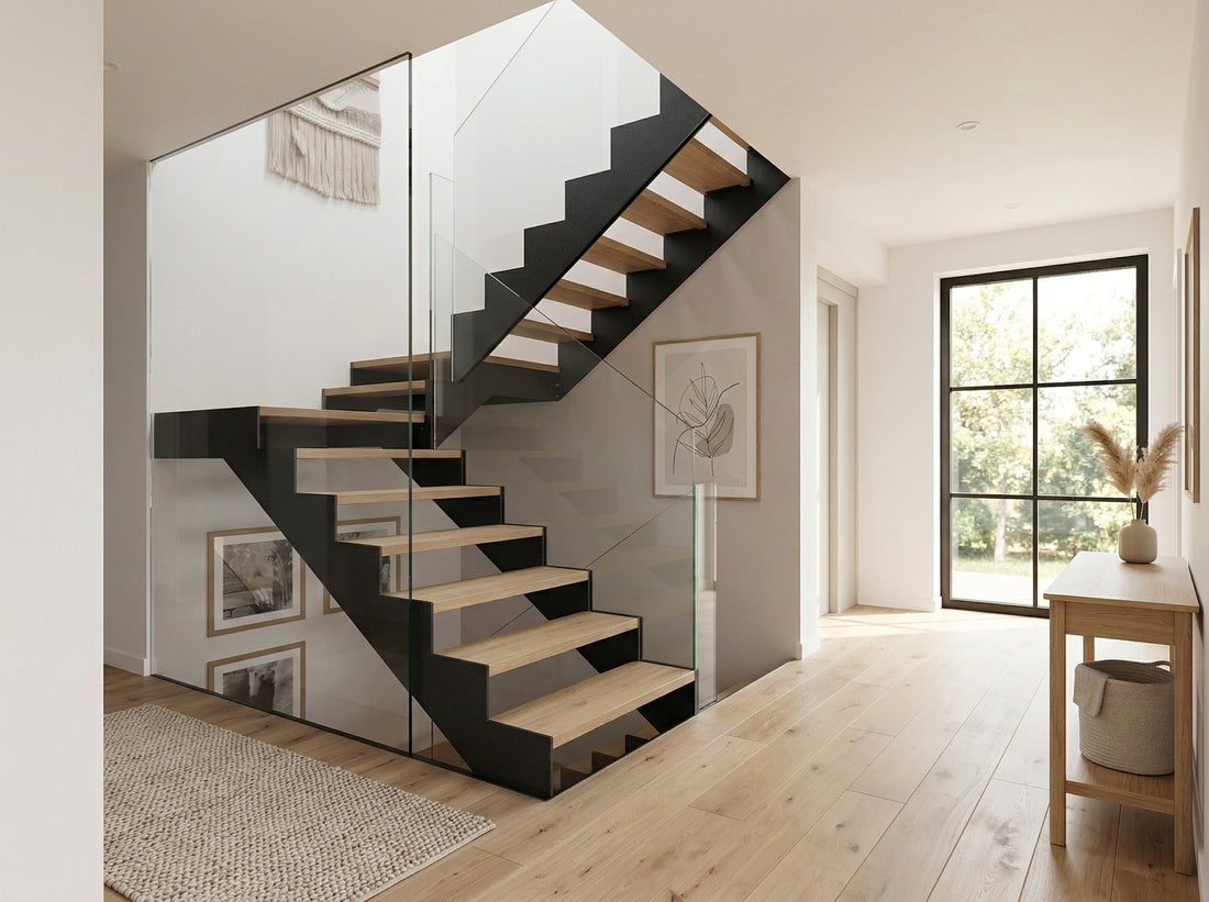 Double stringer floating stairs with two black steel supports, wood treads, and open risers in a modern home.