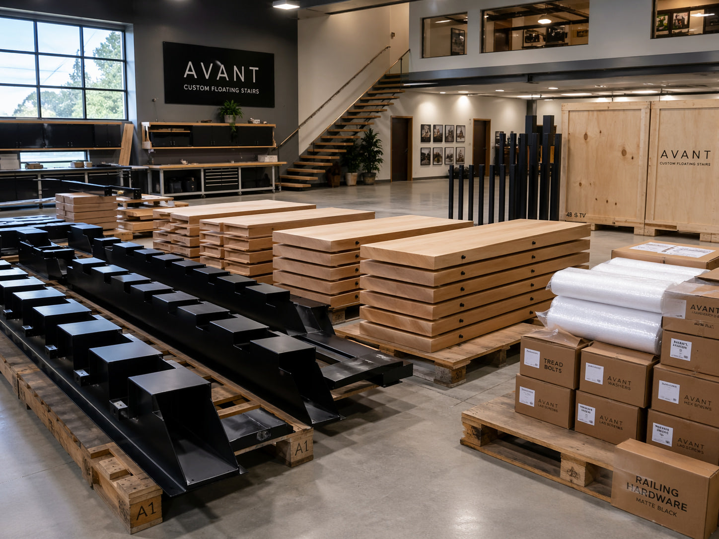 Custom floating stair components including steel stringers, wood treads, railing posts, hardware, and protective packaging prepared for shipping