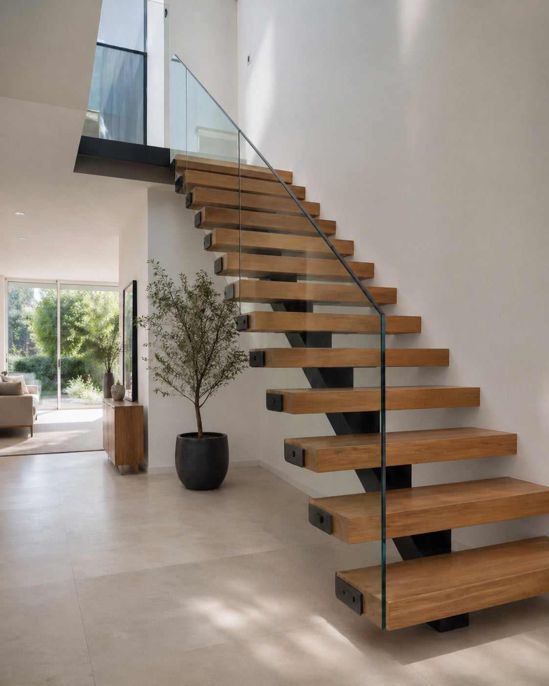 Custom floating stair system with wood treads, black steel structure, and glass railing in a modern residential interior