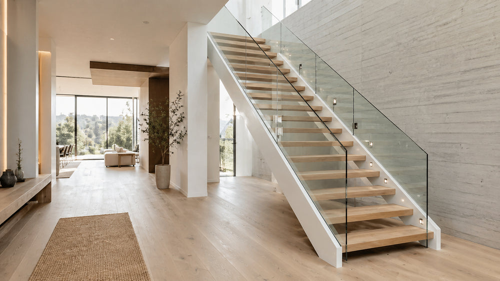 Dual stringer floating stair system with wood treads and steel side supports for a modern home