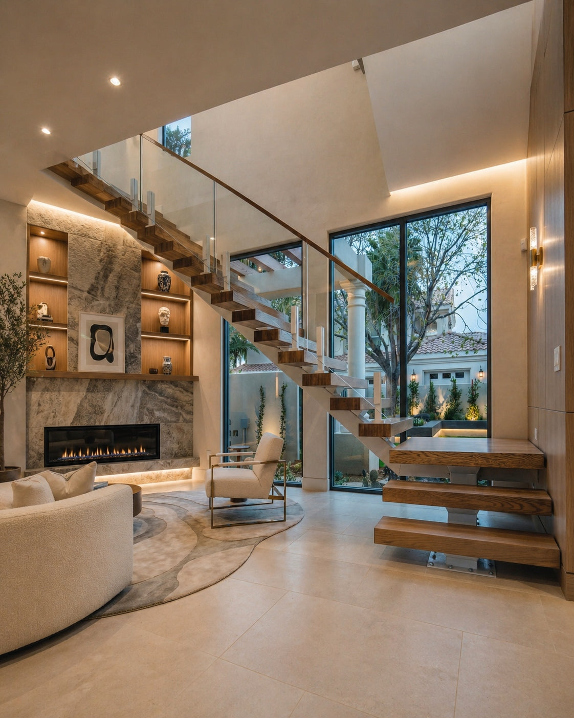Modern floating staircase with wood treads and glass railing in a luxury home interior
